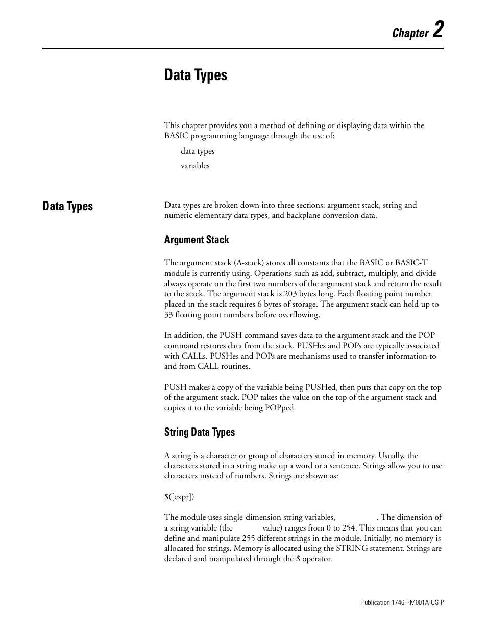 Data types, Chapter 2, Data types -1 | Chapter | Rockwell Automation 1746-BAS BASIC LANGUAGE User Manual | Page 17 / 280