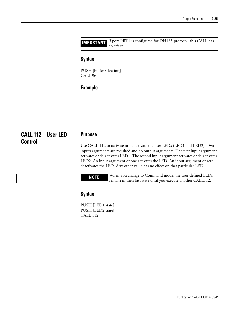 Call 112 – user led control, Call 112 – user led control -25, Syntax | Example, Purpose | Rockwell Automation 1746-BAS BASIC LANGUAGE User Manual | Page 175 / 280