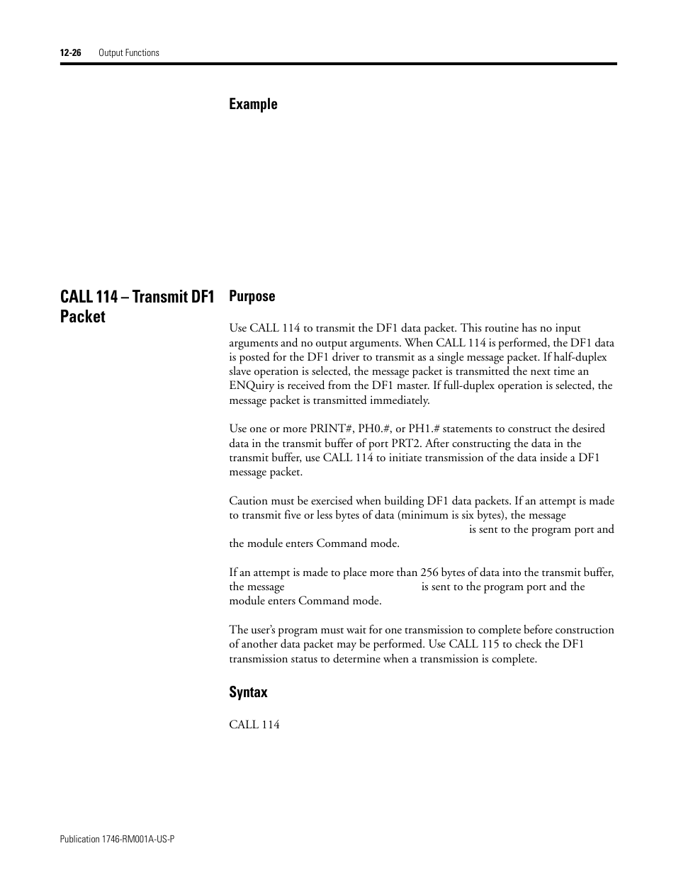 Call 114 – transmit df1 packet, Call 114 – transmit df1 packet -26, Example | Purpose, Syntax | Rockwell Automation 1746-BAS BASIC LANGUAGE User Manual | Page 176 / 280
