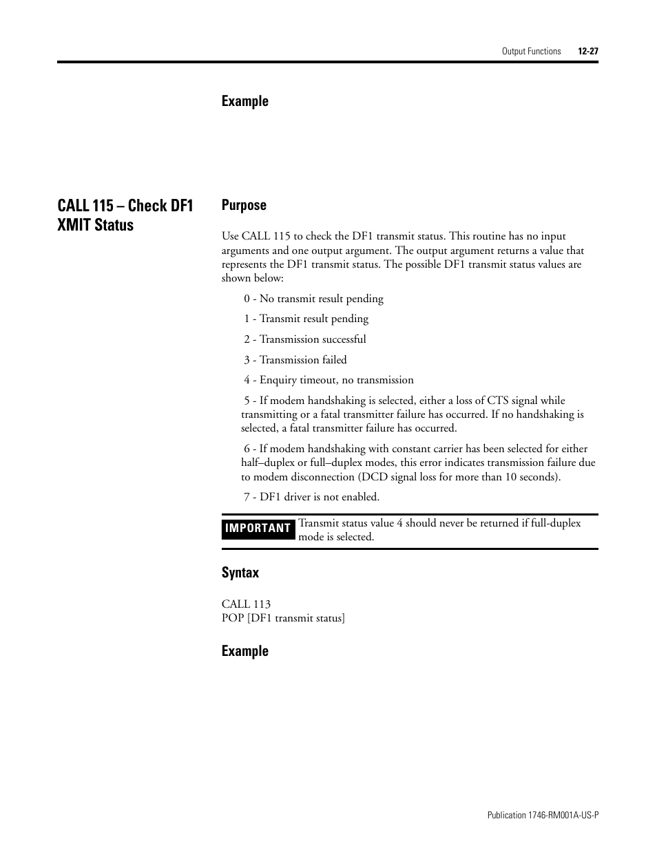 Call 115 – check df1 xmit status, Call 115 – check df1 xmit status -27, Example | Purpose, Syntax | Rockwell Automation 1746-BAS BASIC LANGUAGE User Manual | Page 177 / 280
