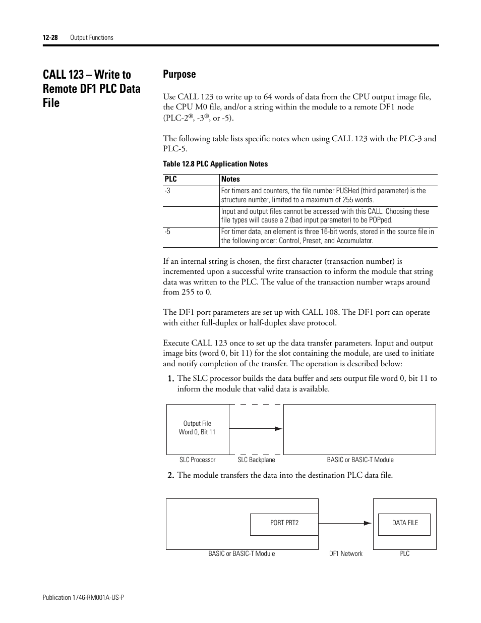 Call 123 – write to remote df1 plc data file, Call 123 – write to remote df1 plc data file -28, Purpose | Rockwell Automation 1746-BAS BASIC LANGUAGE User Manual | Page 178 / 280