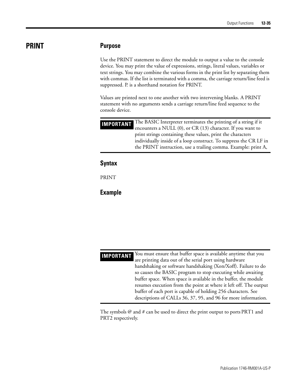 Print, Print -35, Purpose | Syntax, Example | Rockwell Automation 1746-BAS BASIC LANGUAGE User Manual | Page 185 / 280