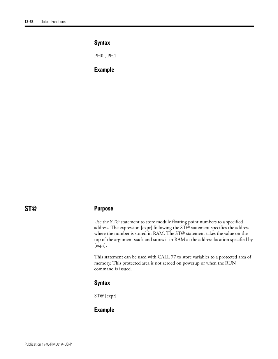 St@ -38, String -11, Syntax | Example, Purpose | Rockwell Automation 1746-BAS BASIC LANGUAGE User Manual | Page 188 / 280