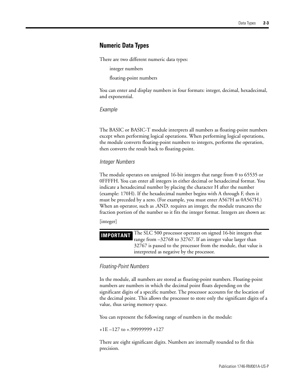 Numeric data types | Rockwell Automation 1746-BAS BASIC LANGUAGE User Manual | Page 19 / 280