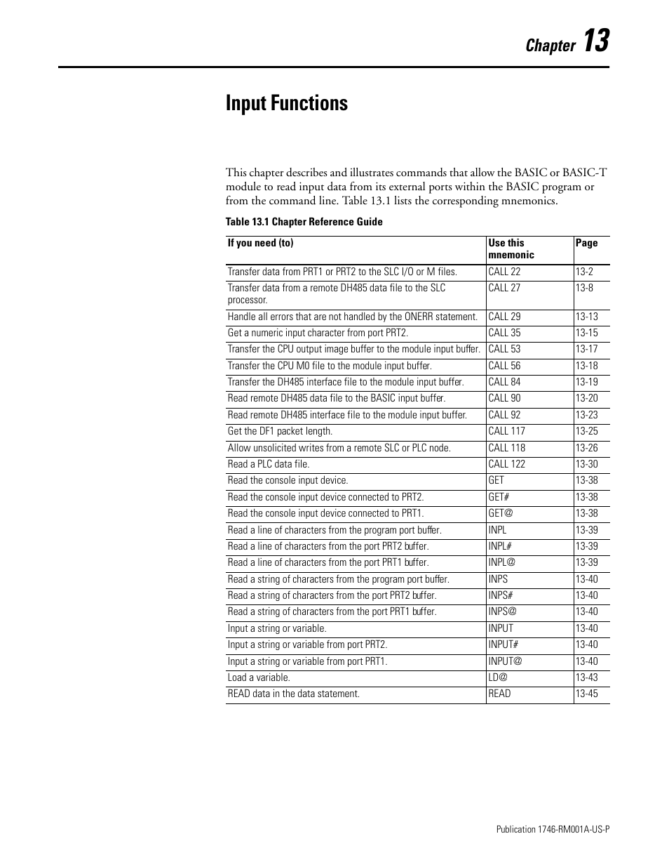 Input functions, Chapter 13, Chapter | Rockwell Automation 1746-BAS BASIC LANGUAGE User Manual | Page 191 / 280