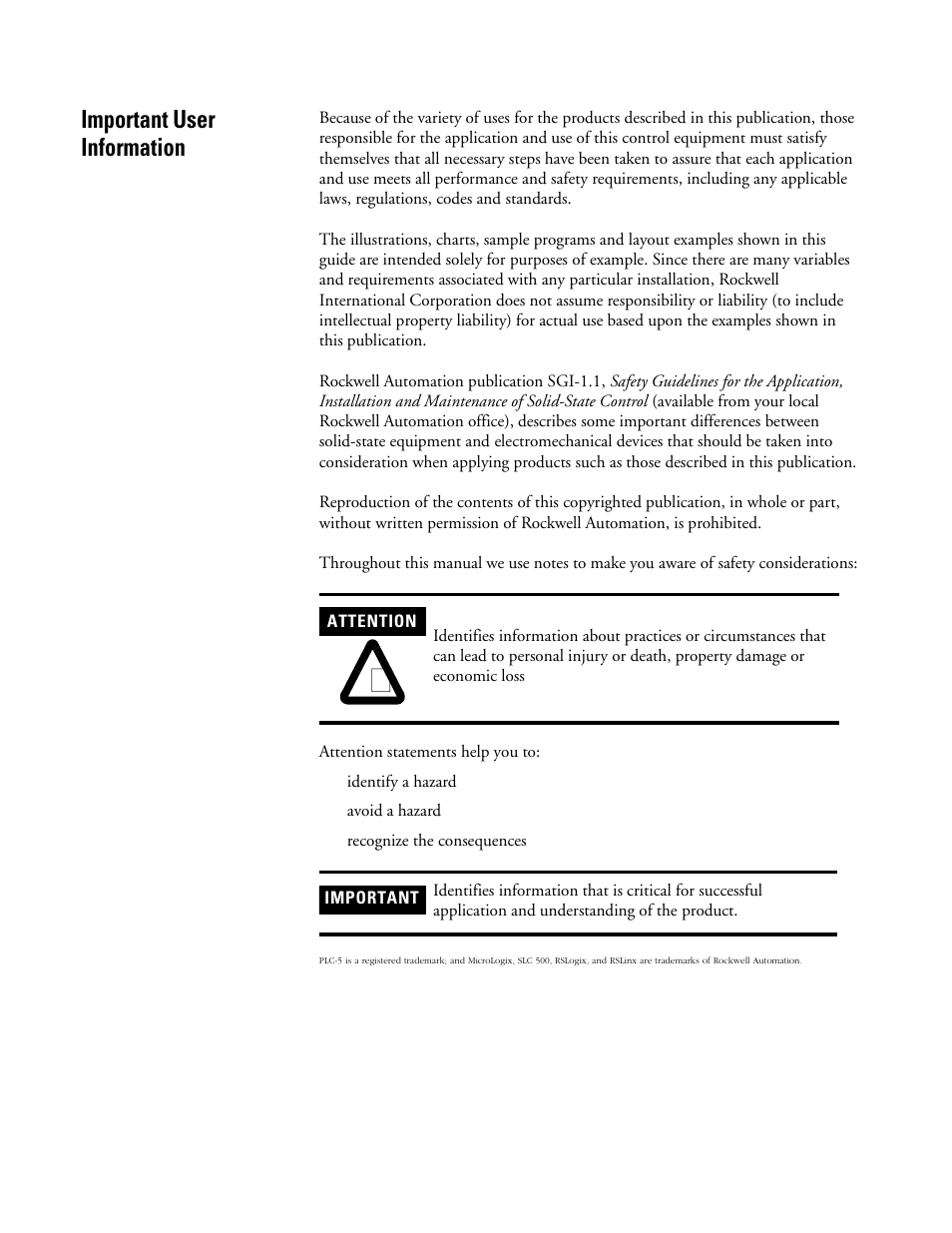 Important user information | Rockwell Automation 1746-BAS BASIC LANGUAGE User Manual | Page 2 / 280