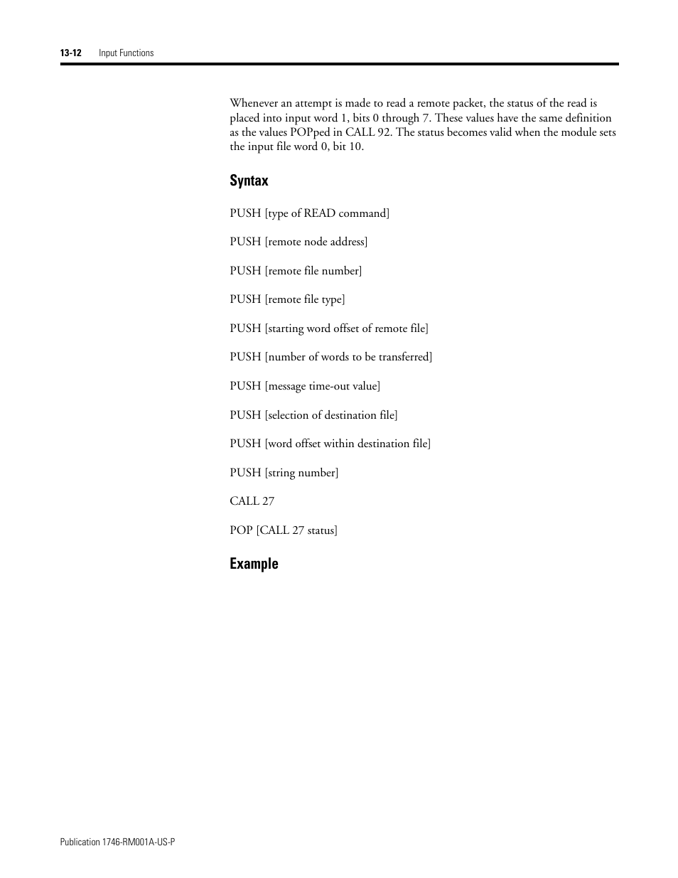 Syntax, Example | Rockwell Automation 1746-BAS BASIC LANGUAGE User Manual | Page 202 / 280