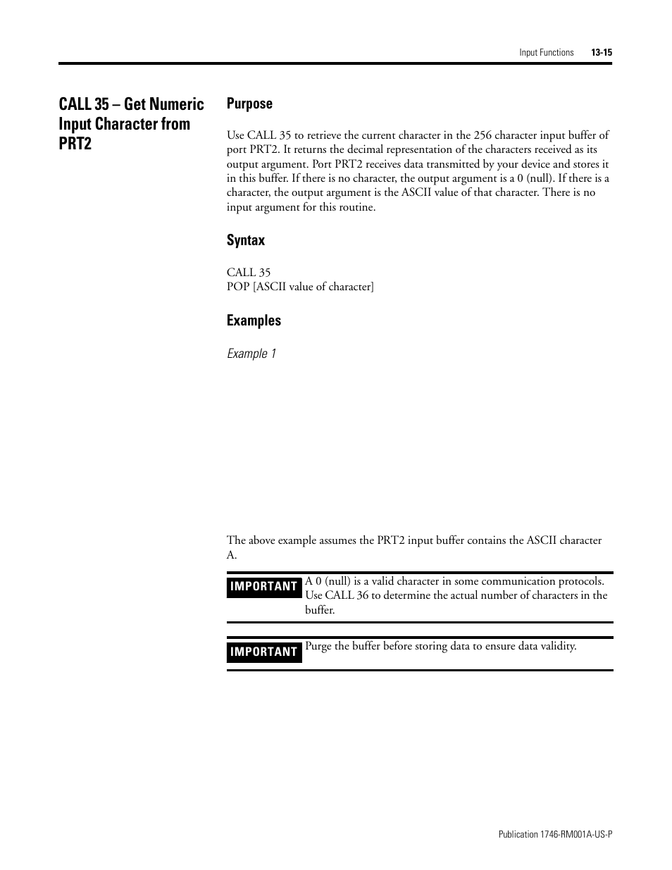 Call 35 – get numeric input character from prt2, Purpose, Syntax | Examples | Rockwell Automation 1746-BAS BASIC LANGUAGE User Manual | Page 205 / 280