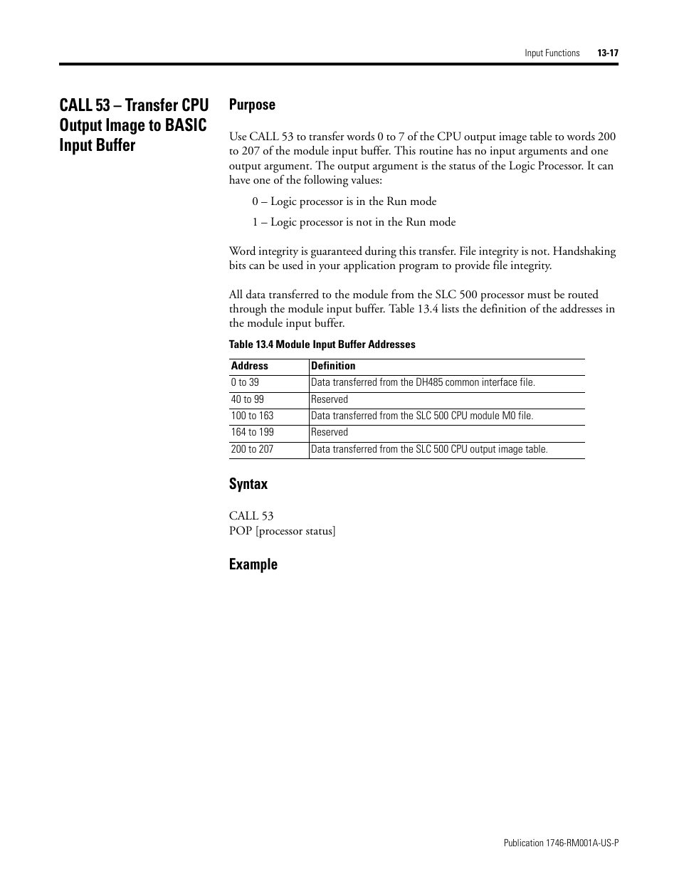 Purpose, Syntax, Example | Rockwell Automation 1746-BAS BASIC LANGUAGE User Manual | Page 207 / 280