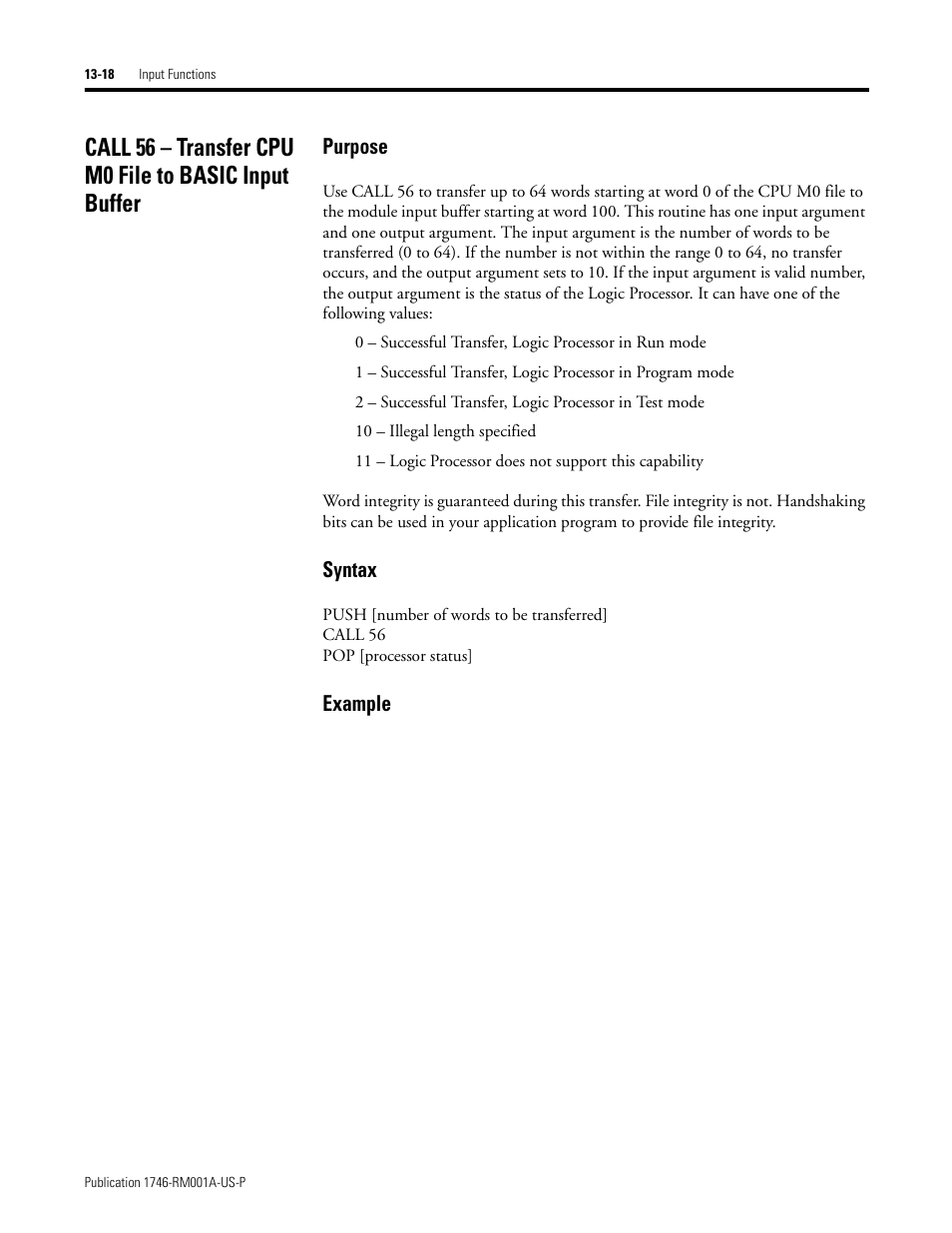 Purpose, Syntax, Example | Rockwell Automation 1746-BAS BASIC LANGUAGE User Manual | Page 208 / 280