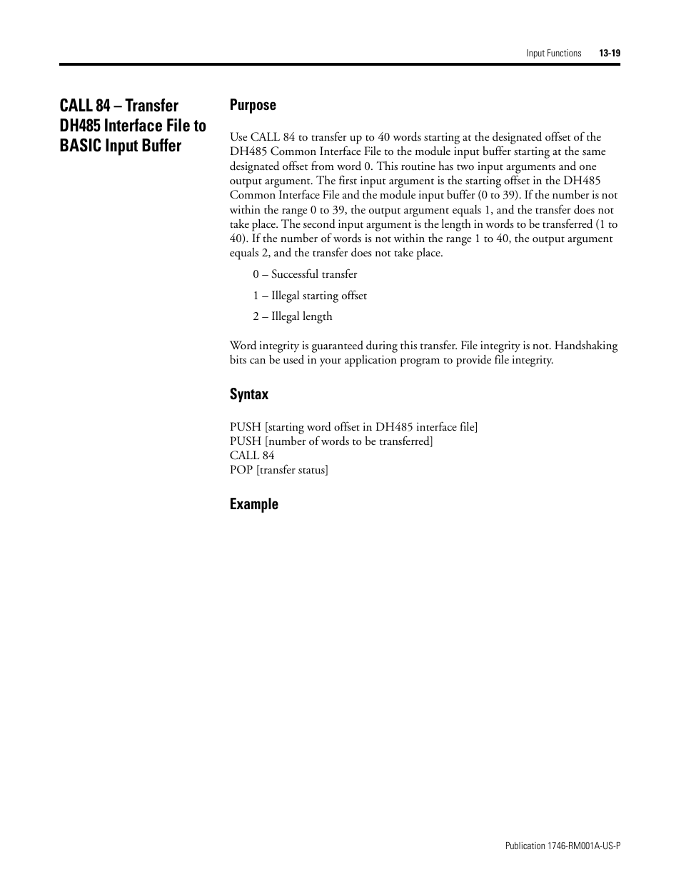 Purpose, Syntax, Example | Rockwell Automation 1746-BAS BASIC LANGUAGE User Manual | Page 209 / 280