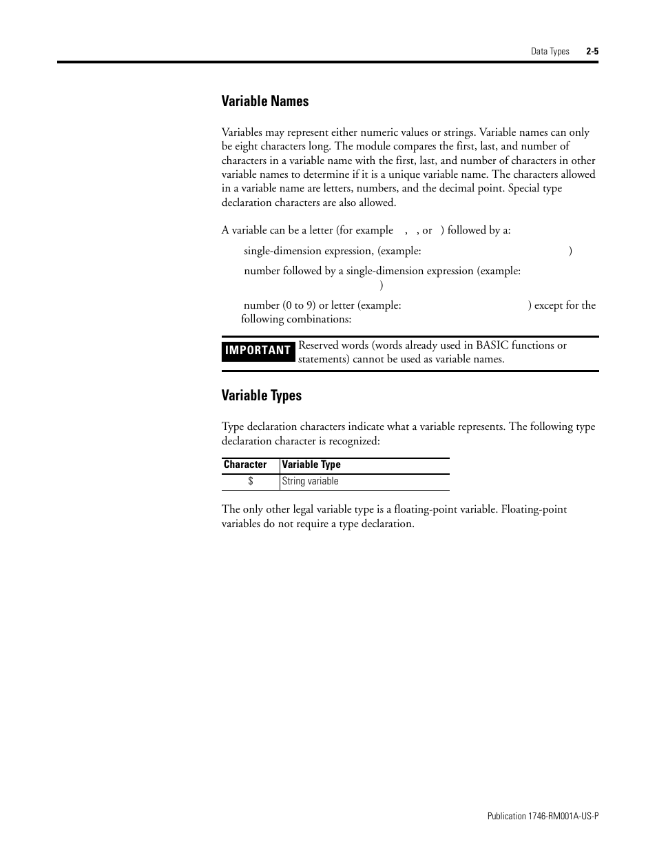 Variable names, Variable types | Rockwell Automation 1746-BAS BASIC LANGUAGE User Manual | Page 21 / 280