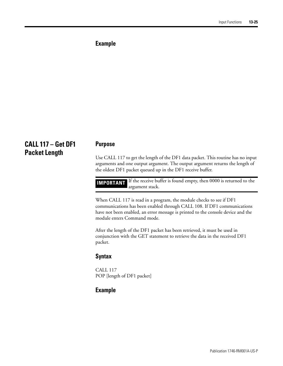 Call 117 – get df1 packet length, Call 117 – get df1 packet length -25, Example | Purpose, Syntax | Rockwell Automation 1746-BAS BASIC LANGUAGE User Manual | Page 215 / 280