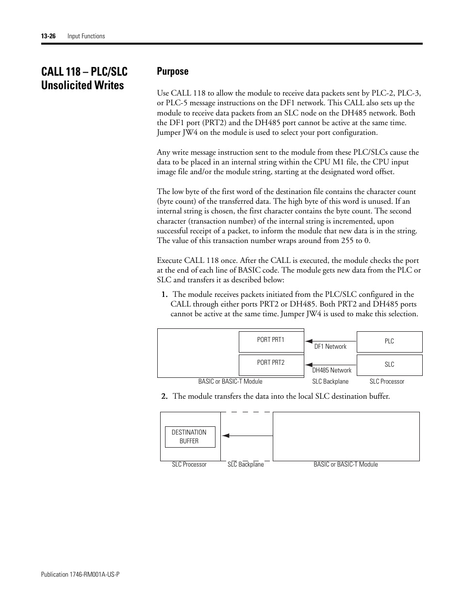 Call 118 – plc/slc unsolicited writes, Call 118 – plc/slc unsolicited writes -26, Purpose | Rockwell Automation 1746-BAS BASIC LANGUAGE User Manual | Page 216 / 280