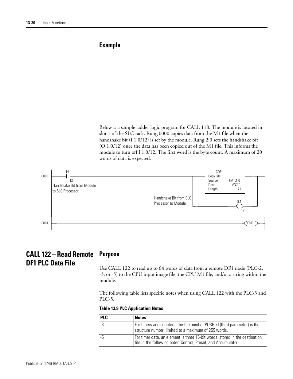 Call 122 – read remote df1 plc data file, Call 122 – read remote df1 plc data file -30, Example | Purpose | Rockwell Automation 1746-BAS BASIC LANGUAGE User Manual | Page 220 / 280