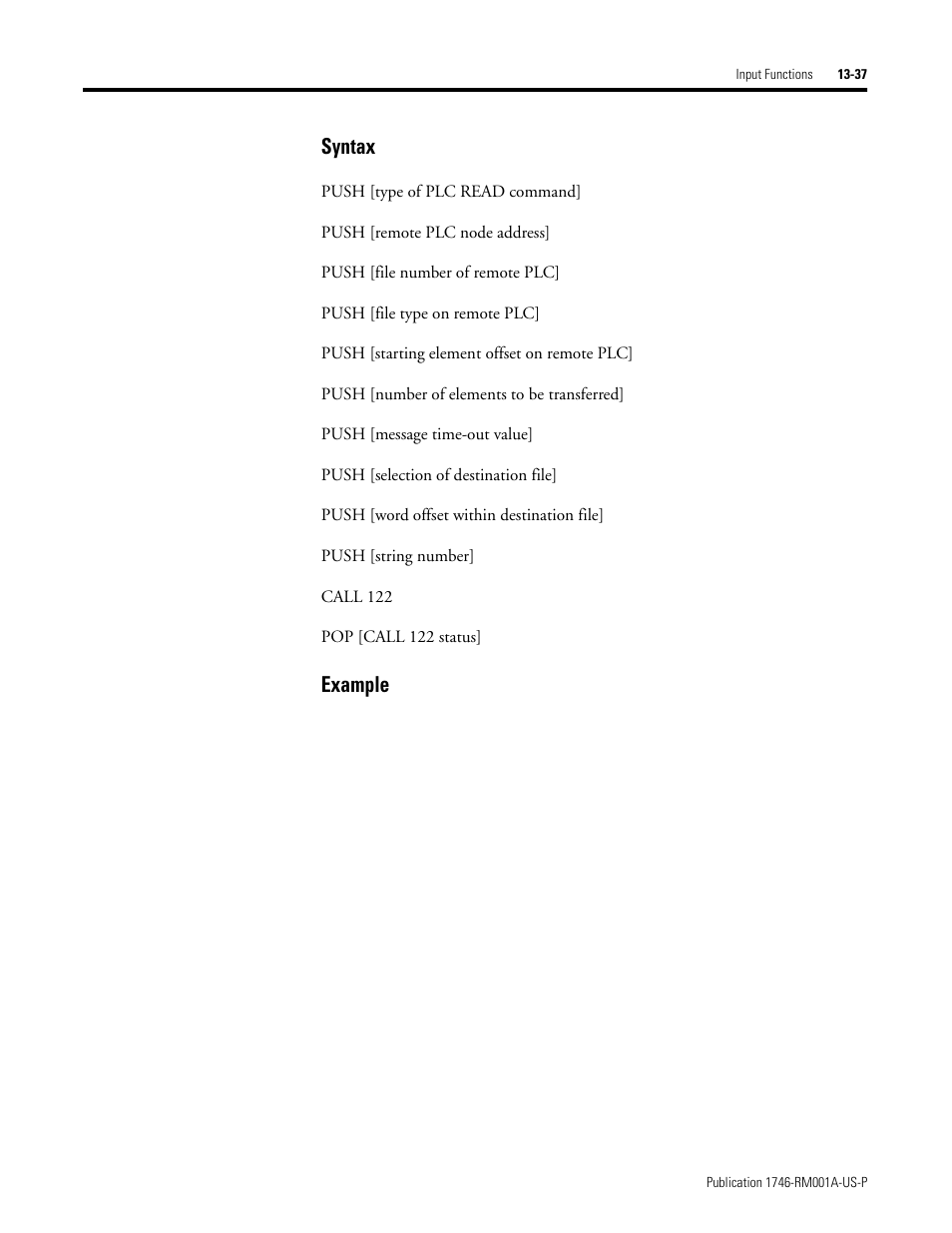 Syntax, Example | Rockwell Automation 1746-BAS BASIC LANGUAGE User Manual | Page 227 / 280