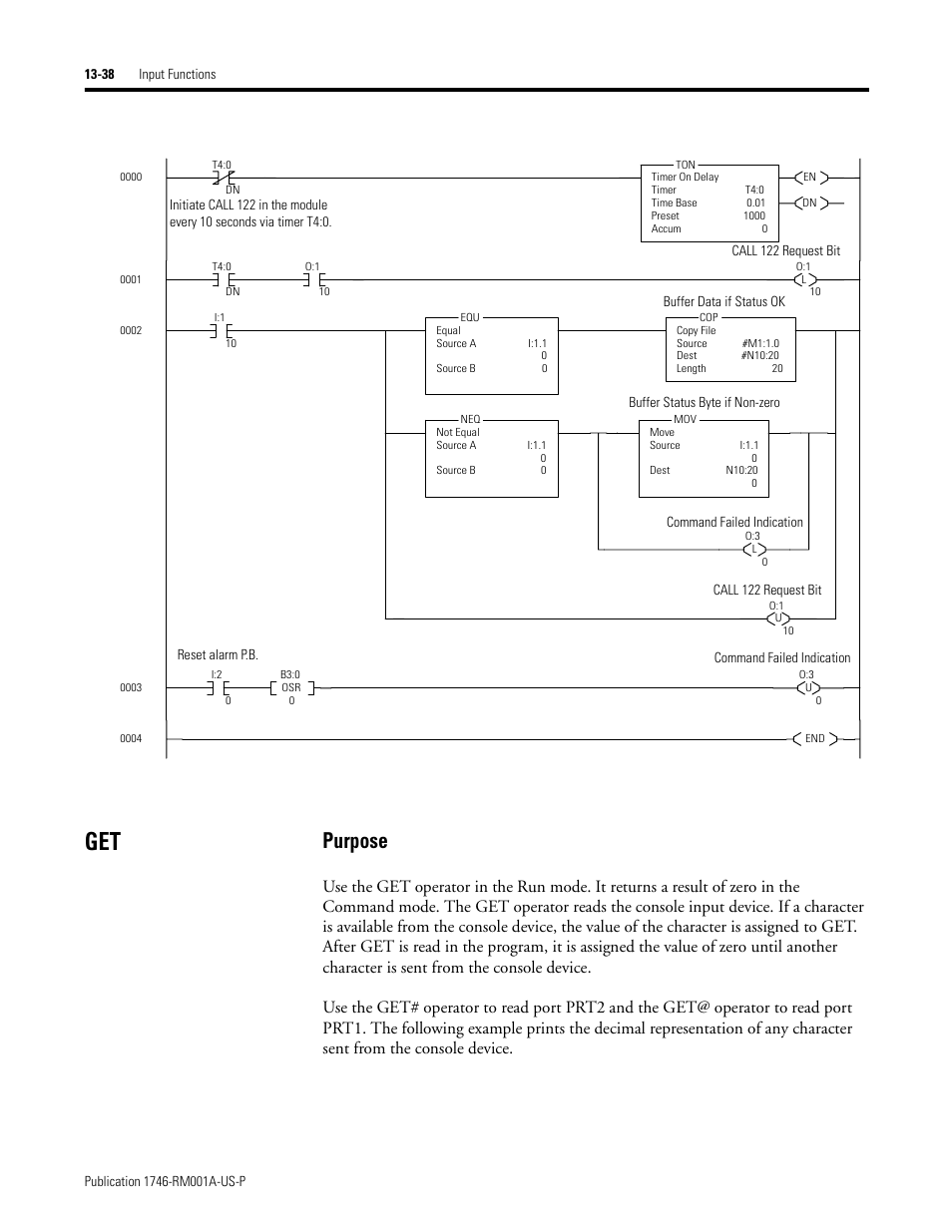 Get -38, Purpose | Rockwell Automation 1746-BAS BASIC LANGUAGE User Manual | Page 228 / 280