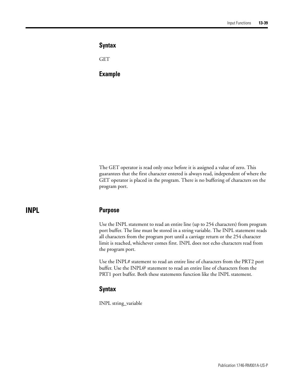 Inpl, Inpl -39, Syntax | Example, Purpose | Rockwell Automation 1746-BAS BASIC LANGUAGE User Manual | Page 229 / 280