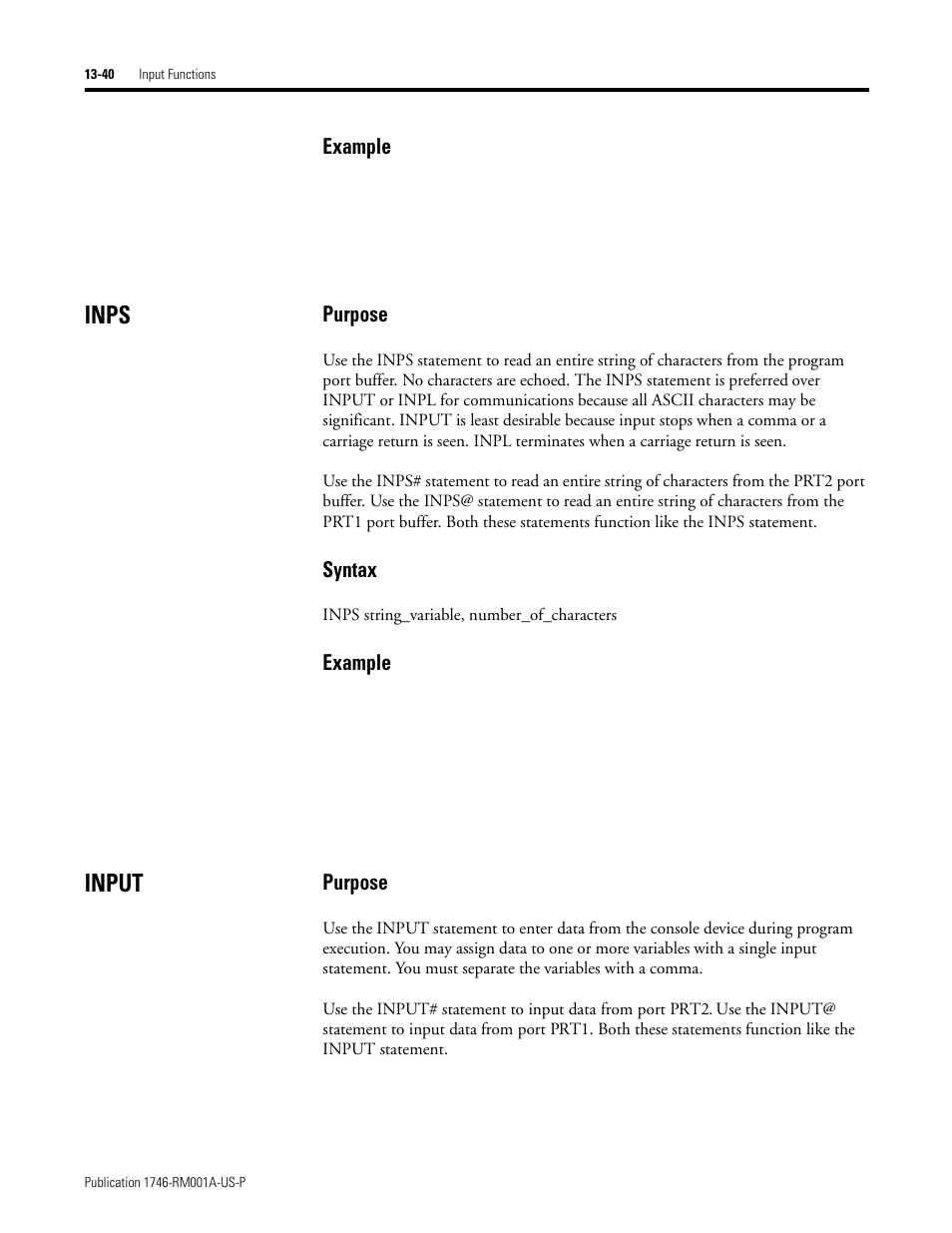 Inps, Input, Inps -40 input -40 | Example, Purpose, Syntax | Rockwell Automation 1746-BAS BASIC LANGUAGE User Manual | Page 230 / 280