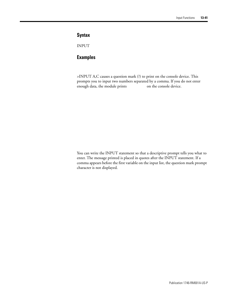 Syntax, Examples | Rockwell Automation 1746-BAS BASIC LANGUAGE User Manual | Page 231 / 280