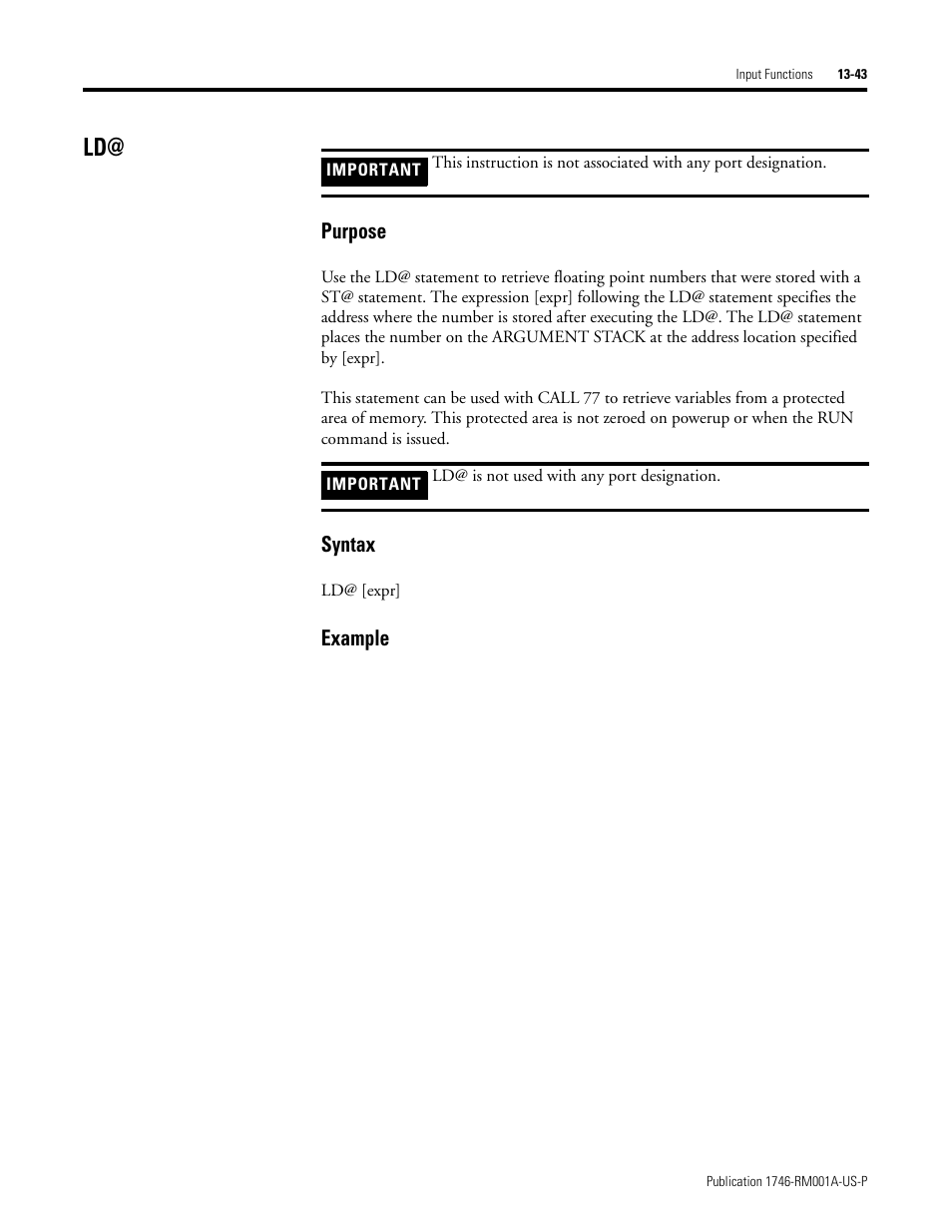 Ld@ -43, Purpose, Syntax | Example | Rockwell Automation 1746-BAS BASIC LANGUAGE User Manual | Page 233 / 280