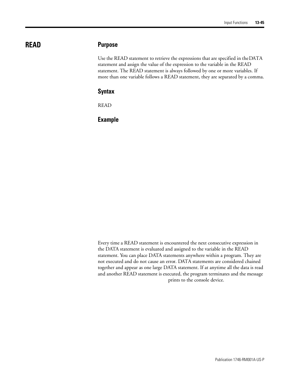Read, Read -45, Purpose | Syntax, Example | Rockwell Automation 1746-BAS BASIC LANGUAGE User Manual | Page 235 / 280