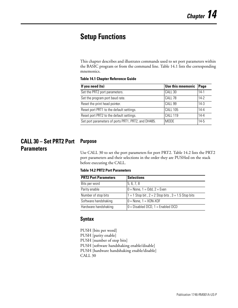 Setup functions, Call 30 – set prt2 port parameters, Chapter 14 | Call 30 – set prt2 port parameters -1, Chapter, Purpose, Syntax | Rockwell Automation 1746-BAS BASIC LANGUAGE User Manual | Page 237 / 280