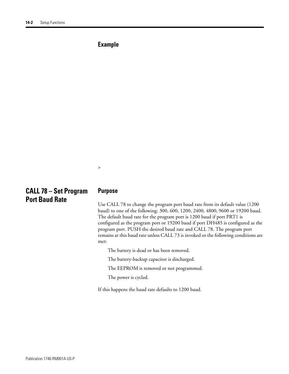 Call 78 – set program port baud rate, Call 78 – set program port baud rate -2, Example | Purpose | Rockwell Automation 1746-BAS BASIC LANGUAGE User Manual | Page 238 / 280