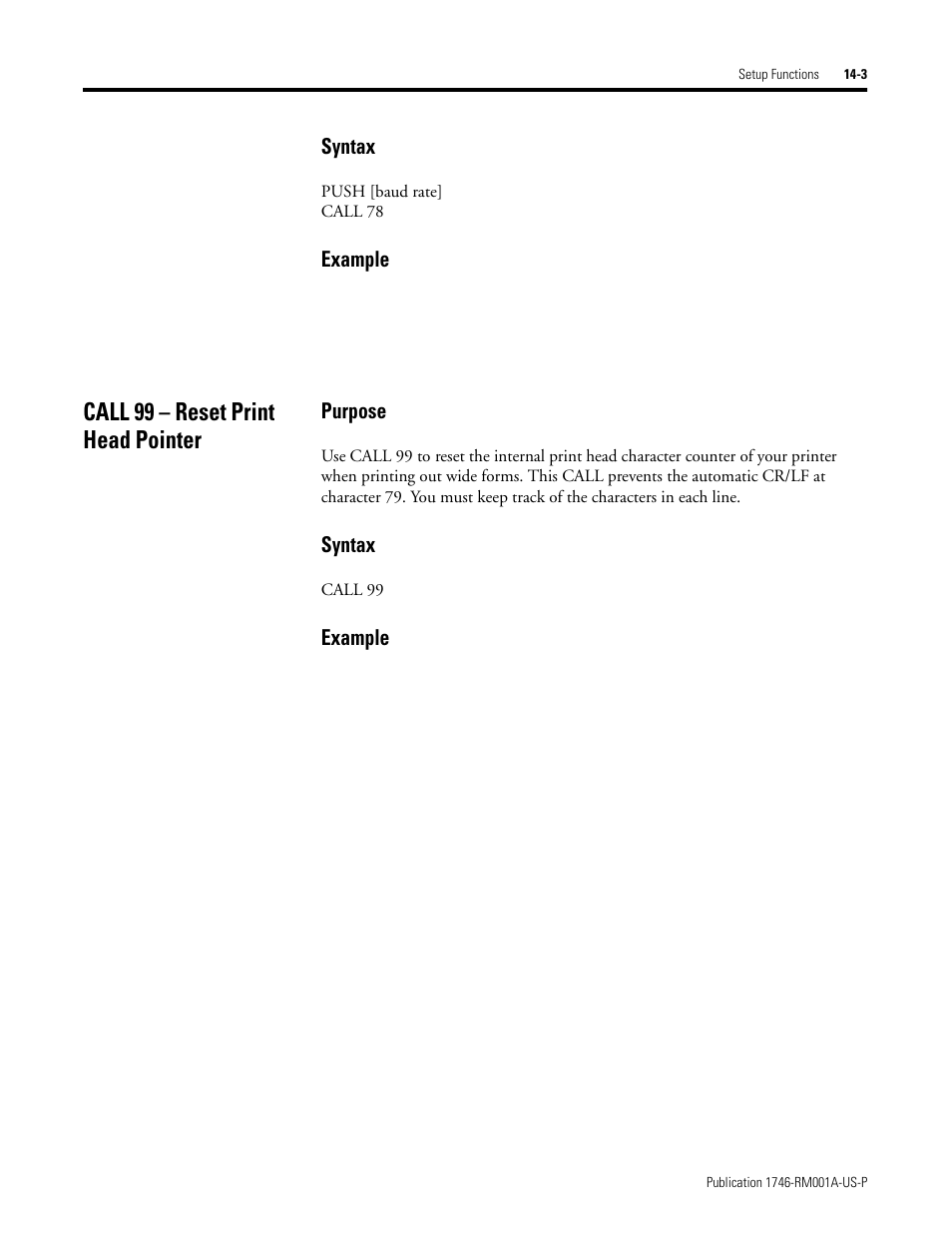 Call 99 – reset print head pointer, Call 99 – reset print head pointer -3, Syntax | Example, Purpose | Rockwell Automation 1746-BAS BASIC LANGUAGE User Manual | Page 239 / 280