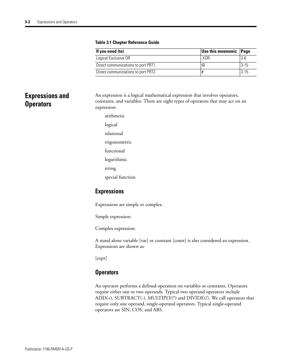 Expressions and operators, Expressions and operators -2, Expressions | Operators | Rockwell Automation 1746-BAS BASIC LANGUAGE User Manual | Page 24 / 280
