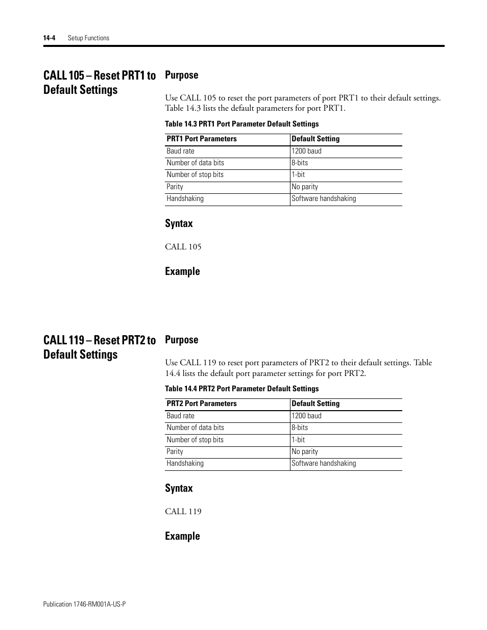 Call 105 – reset prt1 to default settings, Call 119 – reset prt2 to default settings, Purpose | Syntax, Example | Rockwell Automation 1746-BAS BASIC LANGUAGE User Manual | Page 240 / 280