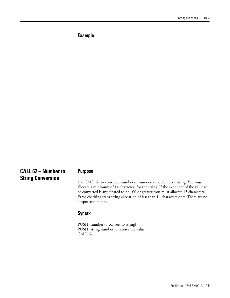 Call 62 – number to string conversion, Call 62 – number to string conversion -3, Example | Purpose, Syntax | Rockwell Automation 1746-BAS BASIC LANGUAGE User Manual | Page 245 / 280