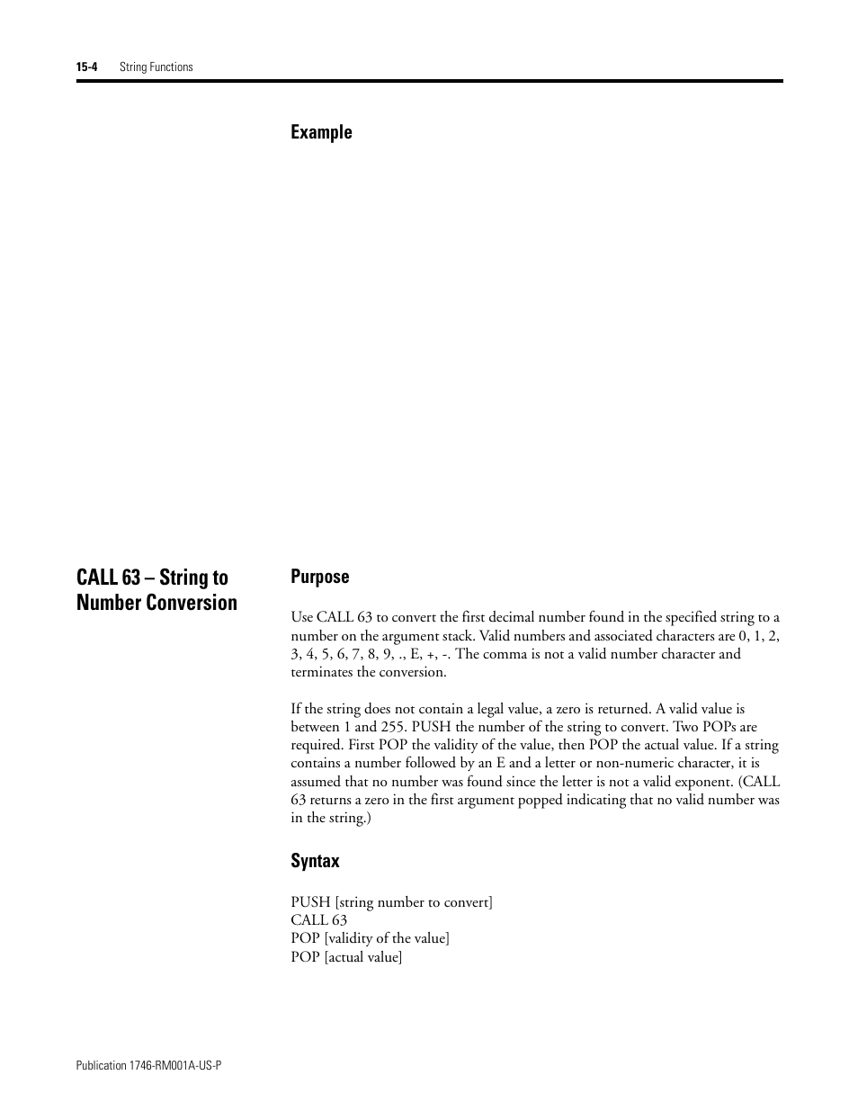 Call 63 – string to number conversion, Call 63 – string to number conversion -4, Example | Purpose, Syntax | Rockwell Automation 1746-BAS BASIC LANGUAGE User Manual | Page 246 / 280