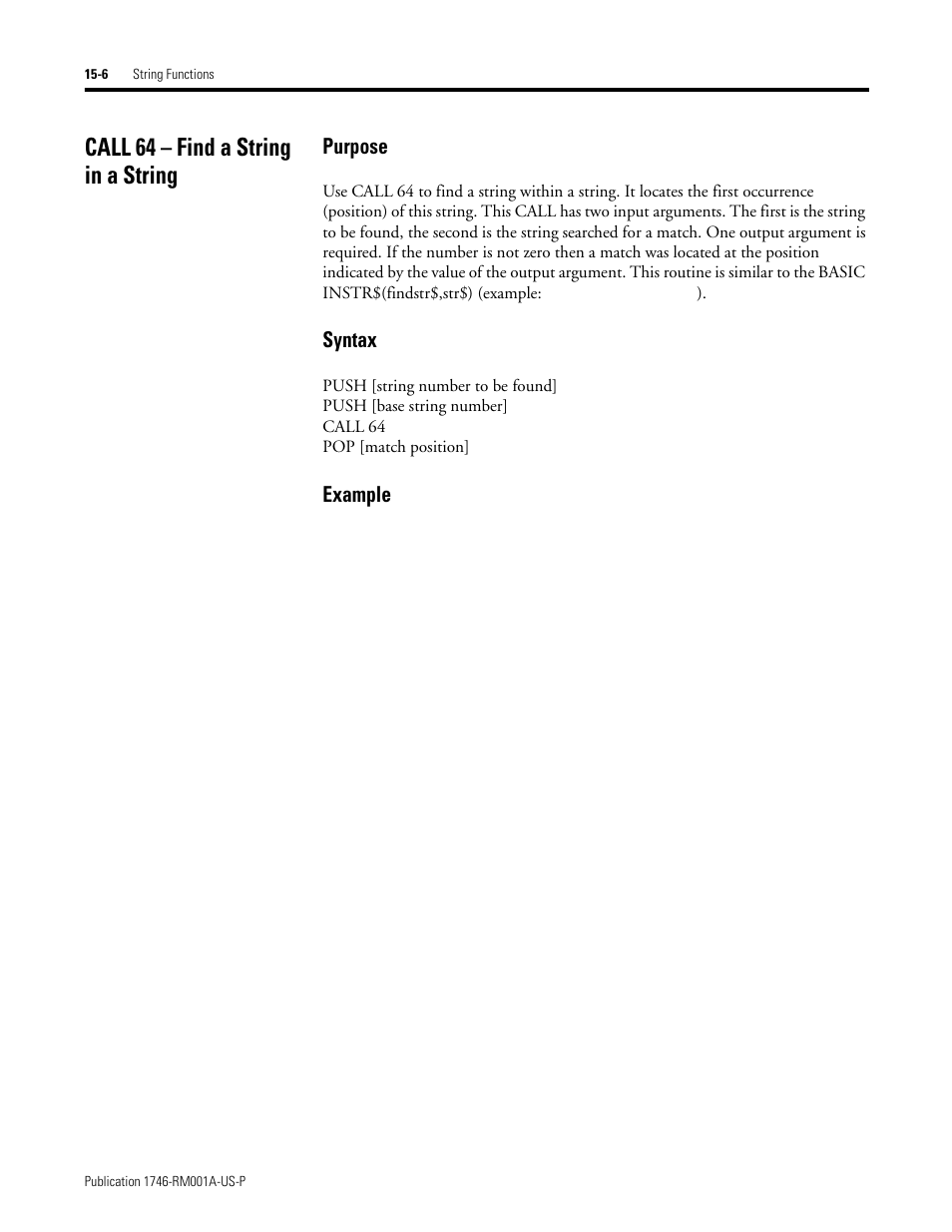 Call 64 – find a string in a string, Call 64 – find a string in a string -6, Purpose | Syntax, Example | Rockwell Automation 1746-BAS BASIC LANGUAGE User Manual | Page 248 / 280