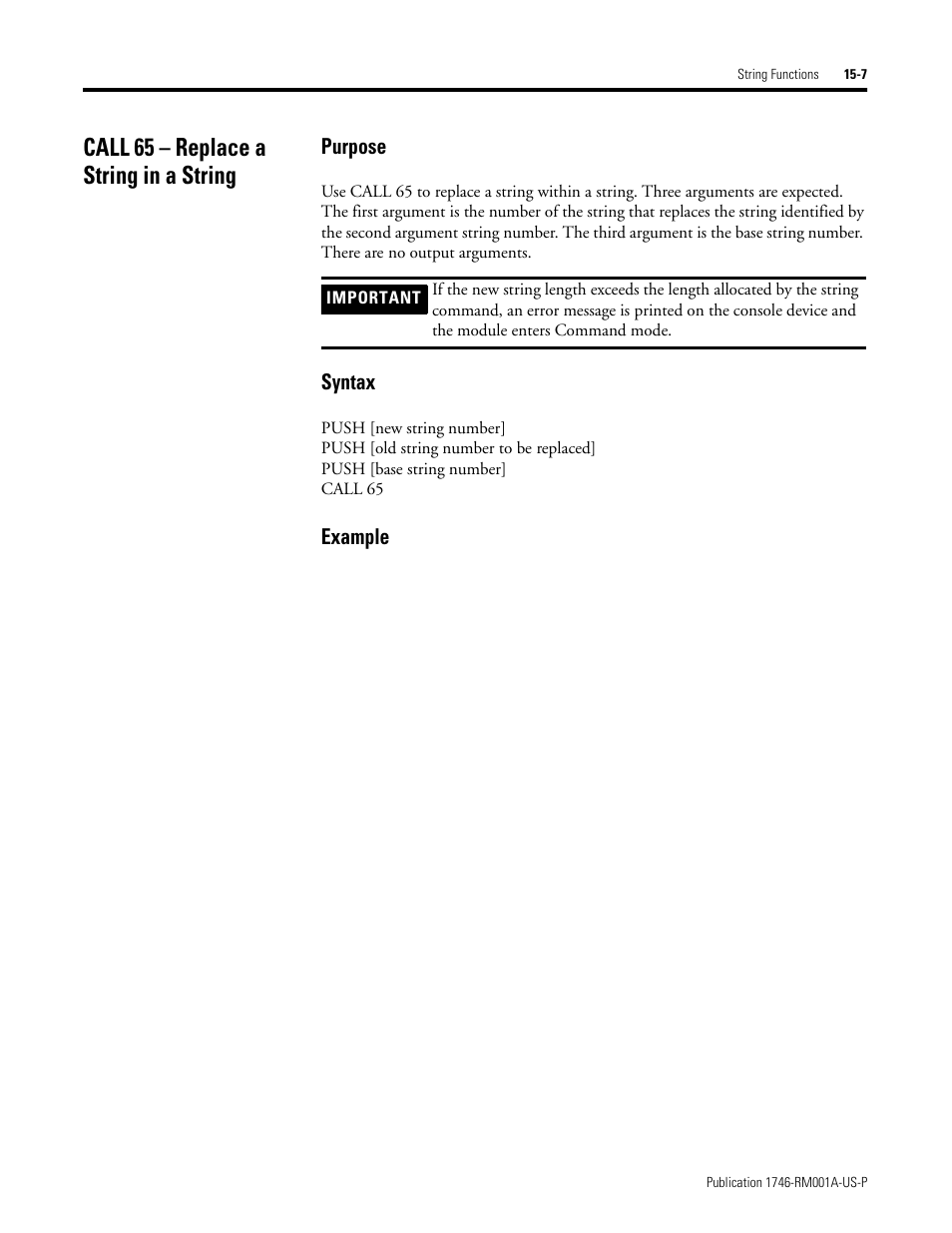 Call 65 – replace a string in a string, Call 65 – replace a string in a string -7, Purpose | Syntax, Example | Rockwell Automation 1746-BAS BASIC LANGUAGE User Manual | Page 249 / 280