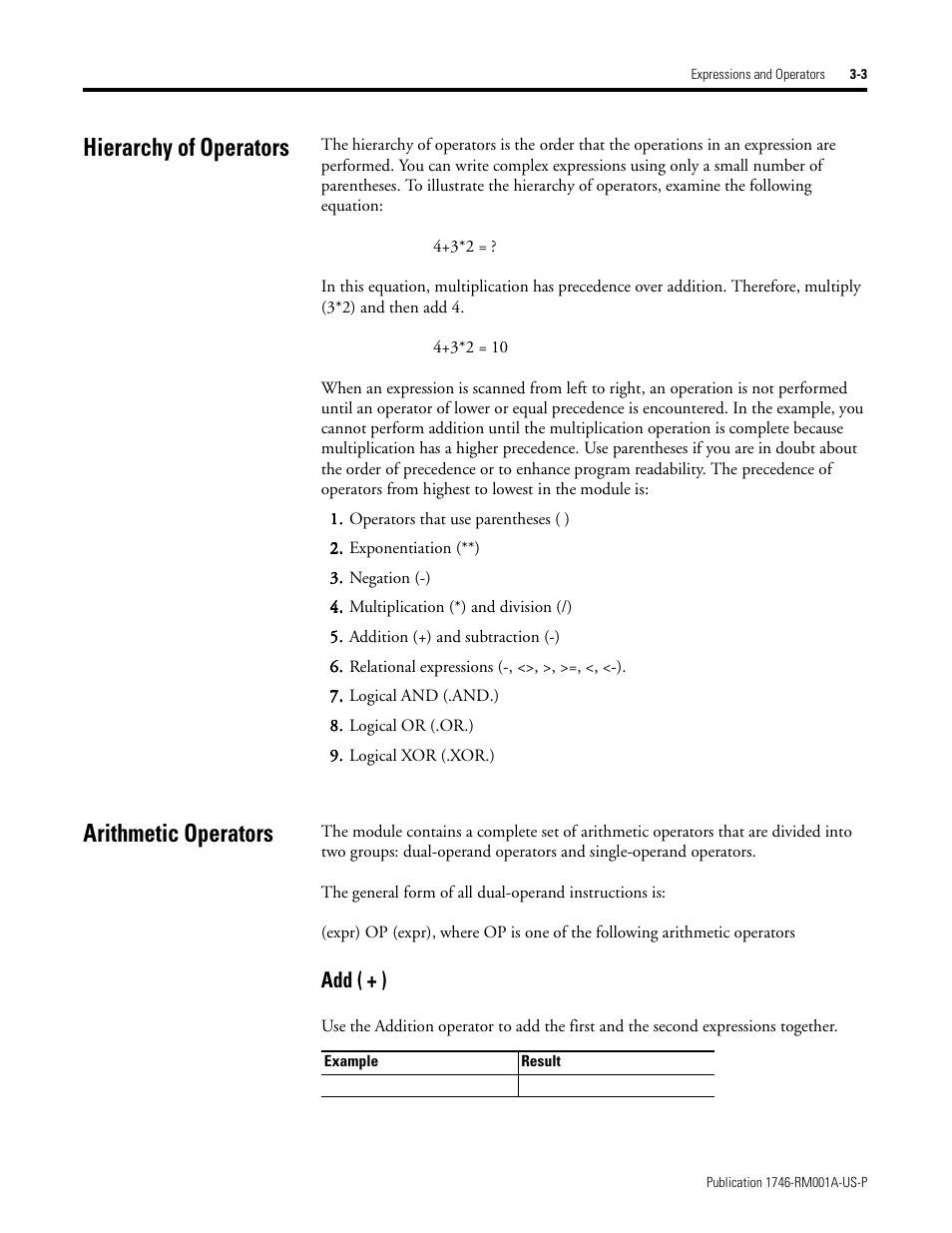 Hierarchy of operators, Arithmetic operators, Hierarchy of operators -3 arithmetic operators -3 | Add ( + ) | Rockwell Automation 1746-BAS BASIC LANGUAGE User Manual | Page 25 / 280