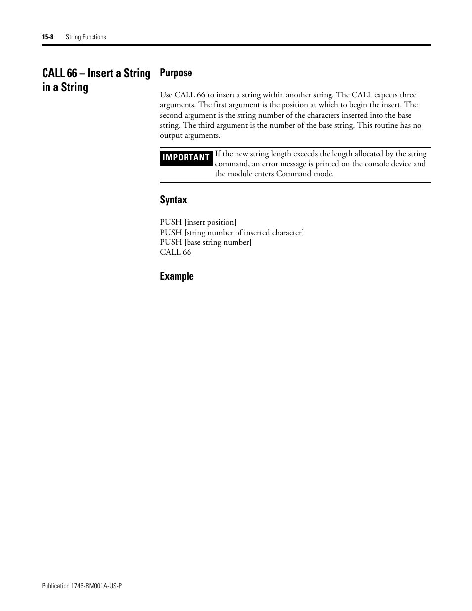 Call 66 – insert a string in a string, Call 66 – insert a string in a string -8, Purpose | Syntax, Example | Rockwell Automation 1746-BAS BASIC LANGUAGE User Manual | Page 250 / 280