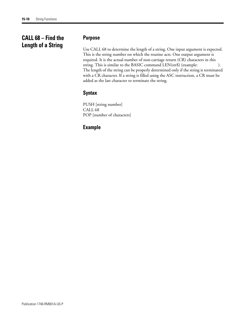 Call 68 – find the length of a string, Call 68 – find the length of a string -10, Purpose | Syntax, Example | Rockwell Automation 1746-BAS BASIC LANGUAGE User Manual | Page 252 / 280