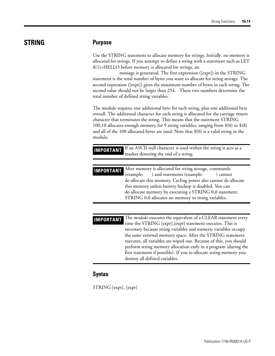 String, Purpose, Syntax | Rockwell Automation 1746-BAS BASIC LANGUAGE User Manual | Page 253 / 280