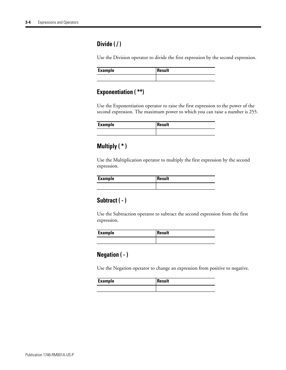 Divide ( / ), Exponentiation ( **), Multiply ( * ) | Subtract ( - ), Negation ( - ) | Rockwell Automation 1746-BAS BASIC LANGUAGE User Manual | Page 26 / 280