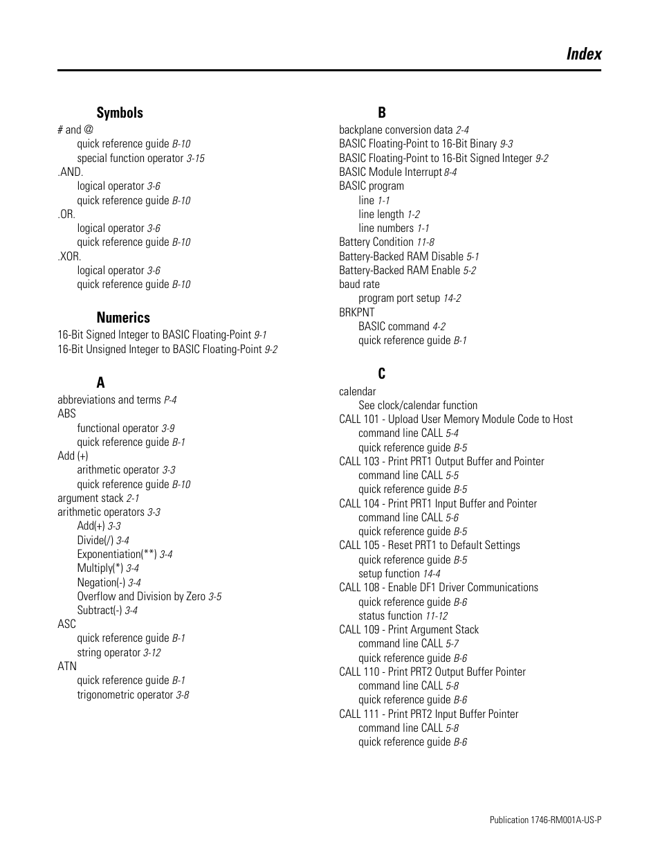 Index, Symbols, Numerics | Rockwell Automation 1746-BAS BASIC LANGUAGE User Manual | Page 267 / 280
