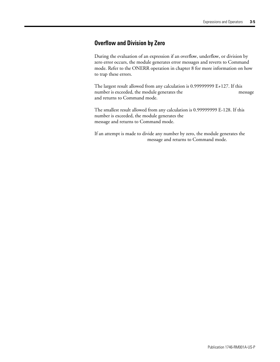 Overflow and division by zero | Rockwell Automation 1746-BAS BASIC LANGUAGE User Manual | Page 27 / 280