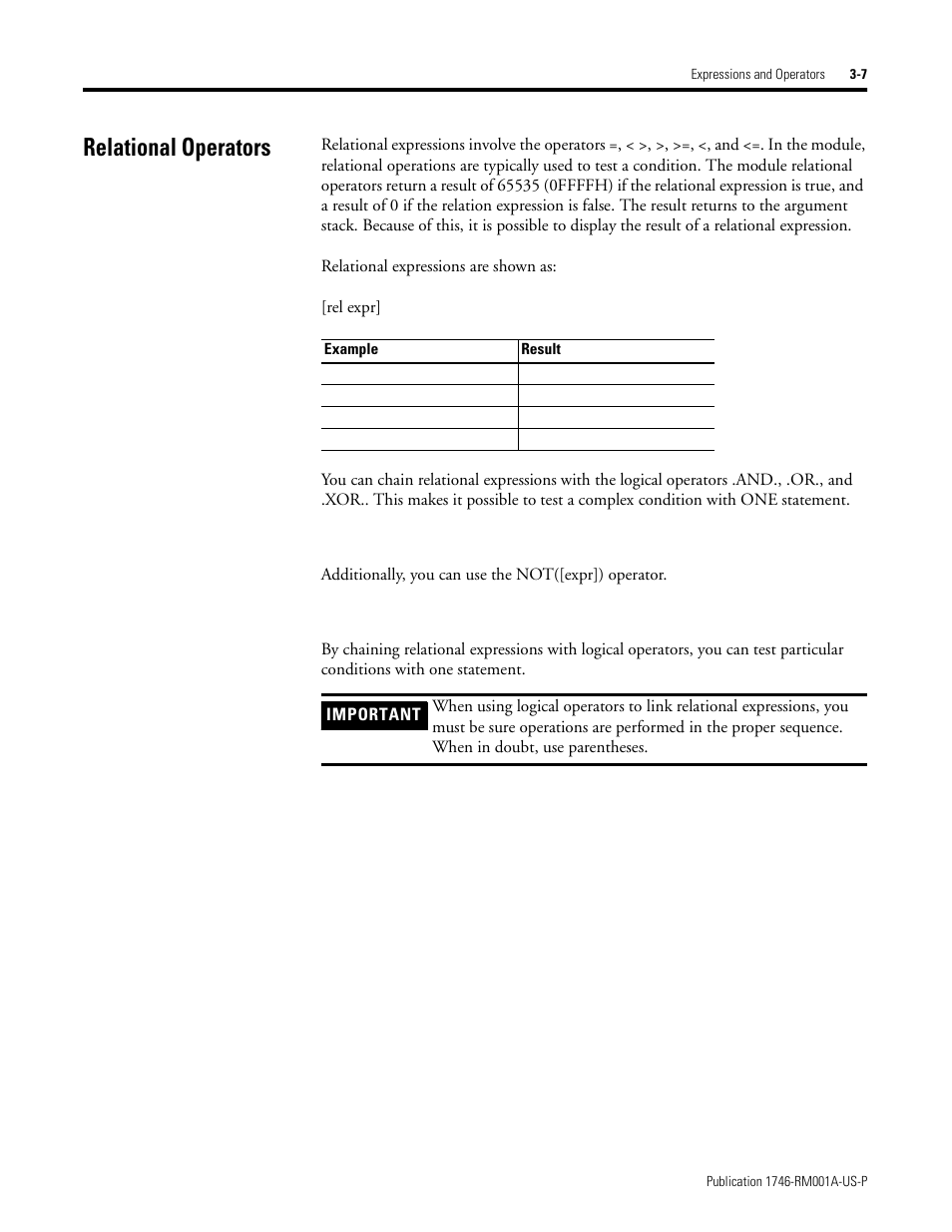 Relational operators, Relational operators -7 | Rockwell Automation 1746-BAS BASIC LANGUAGE User Manual | Page 29 / 280