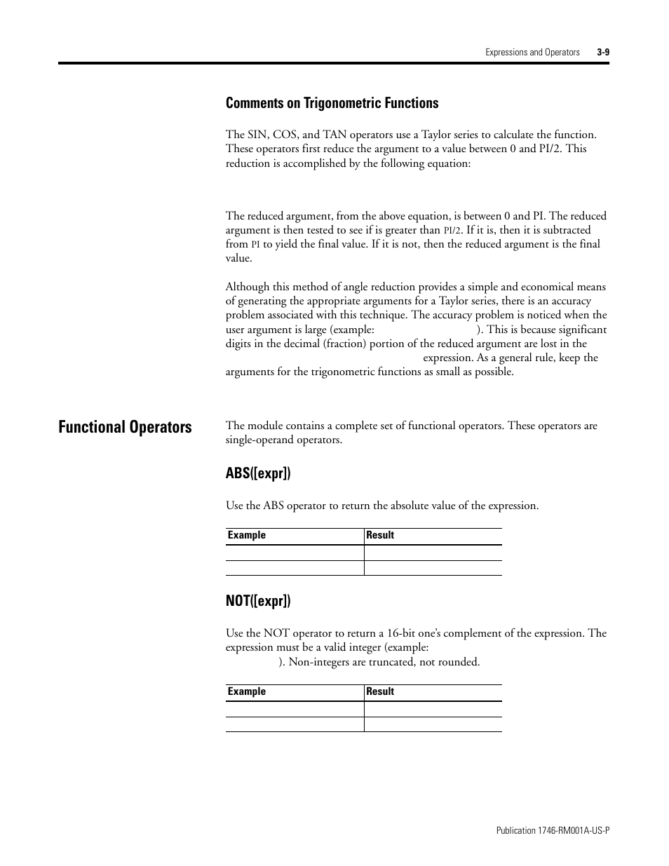Functional operators, Functional operators -9, Comments on trigonometric functions | Abs([expr]), Not([expr]) | Rockwell Automation 1746-BAS BASIC LANGUAGE User Manual | Page 31 / 280
