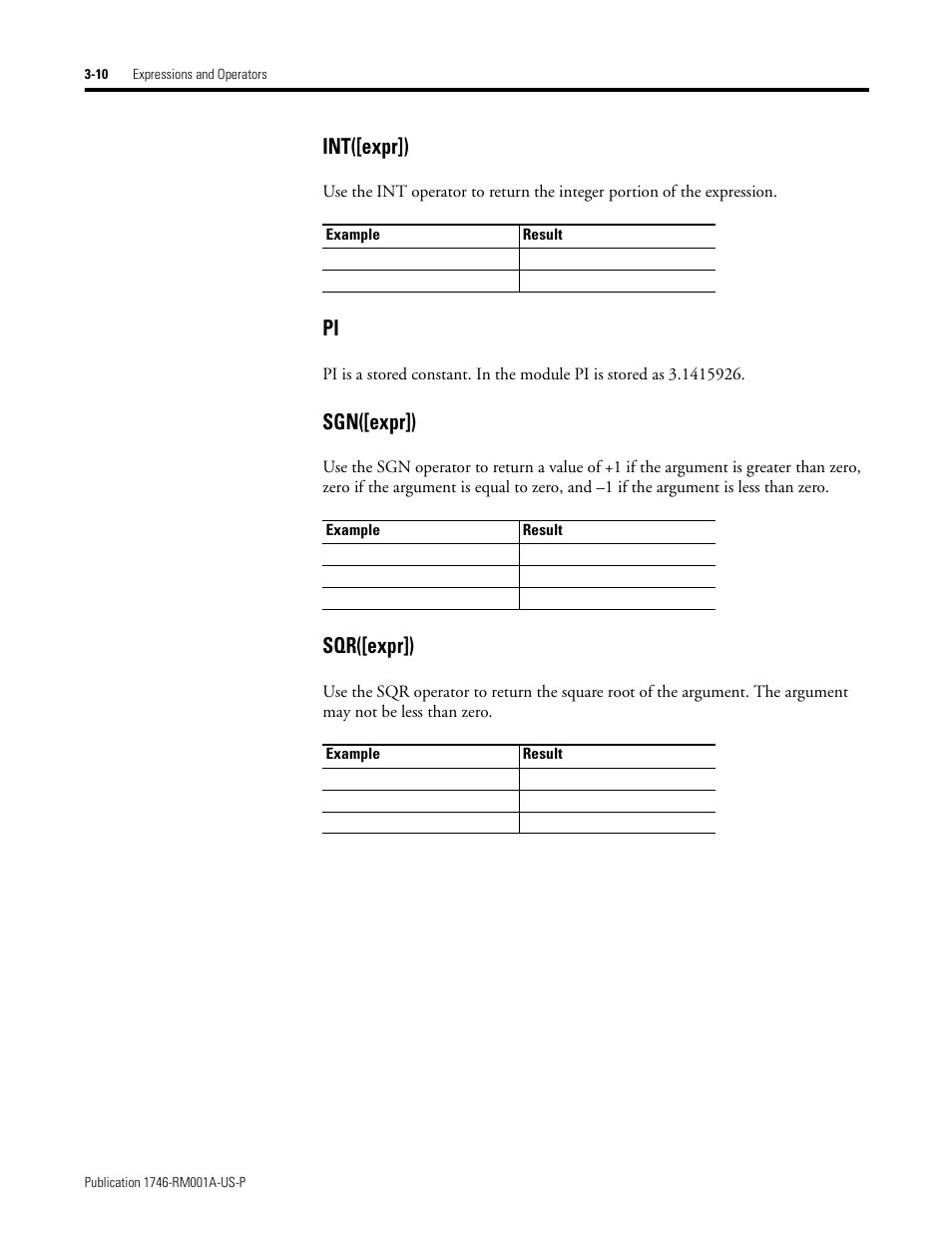 Int([expr]), Sgn([expr]), Sqr([expr]) | Rockwell Automation 1746-BAS BASIC LANGUAGE User Manual | Page 32 / 280