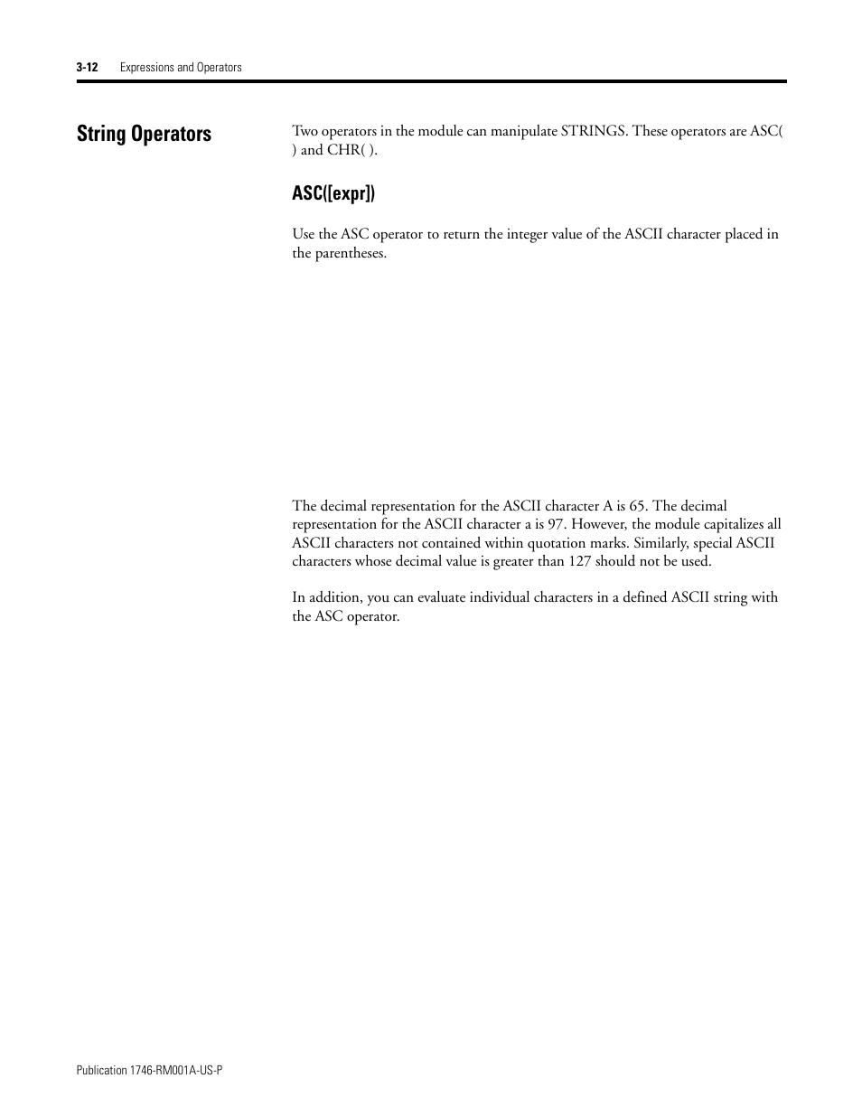 String operators, String operators -12, Asc([expr]) | Rockwell Automation 1746-BAS BASIC LANGUAGE User Manual | Page 34 / 280