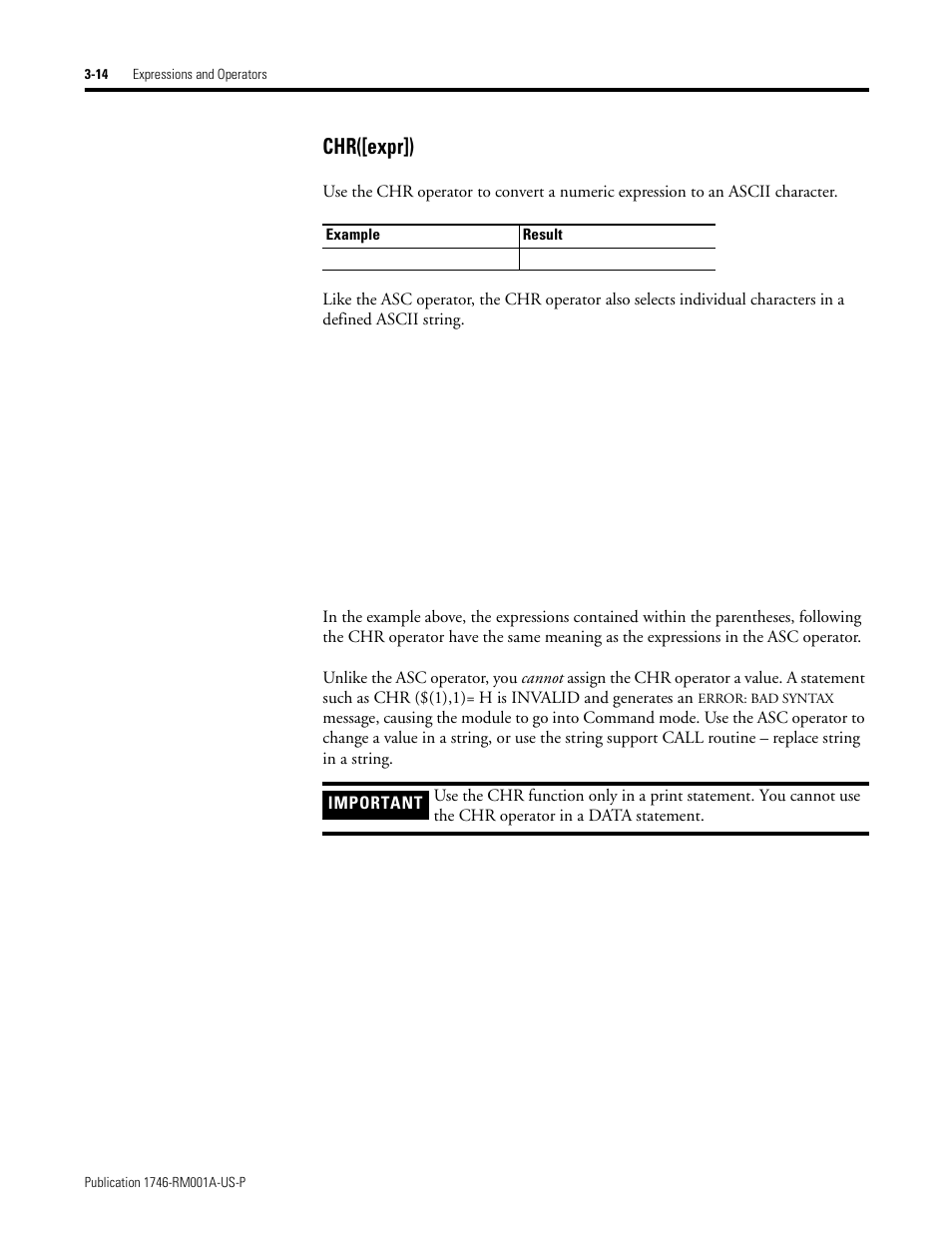 Chr([expr]) | Rockwell Automation 1746-BAS BASIC LANGUAGE User Manual | Page 36 / 280