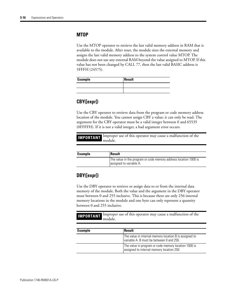 Mtop, Cby([expr]), Dby([expr]) | Rockwell Automation 1746-BAS BASIC LANGUAGE User Manual | Page 38 / 280