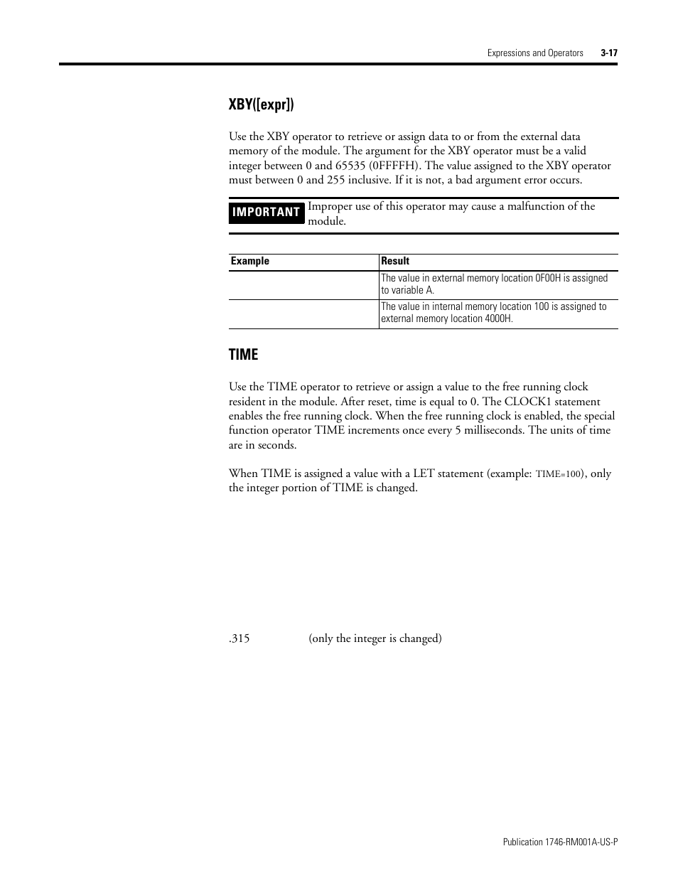 Xby([expr]), Time | Rockwell Automation 1746-BAS BASIC LANGUAGE User Manual | Page 39 / 280