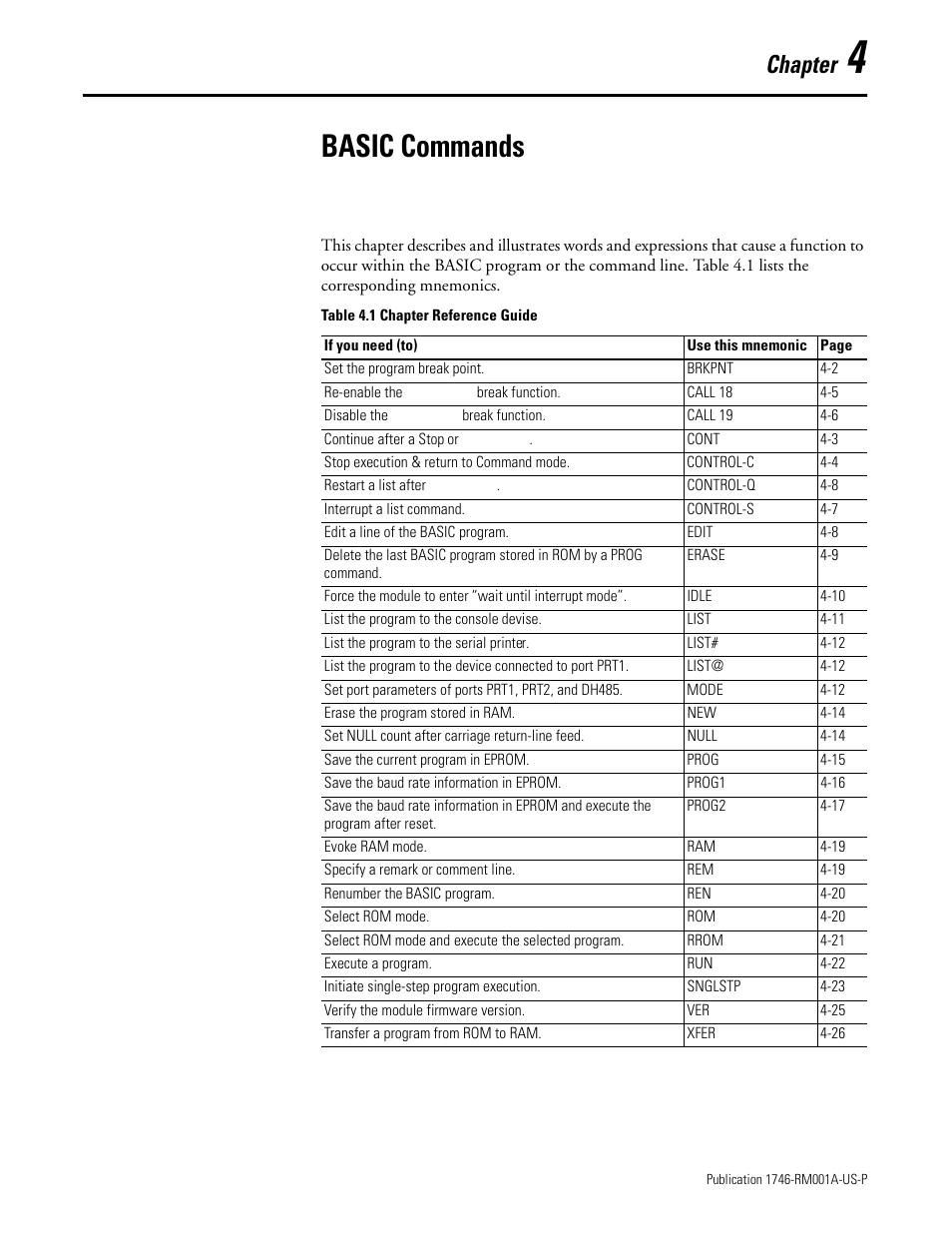 Basic commands, Chapter 4, Chapter | Rockwell Automation 1746-BAS BASIC LANGUAGE User Manual | Page 41 / 280